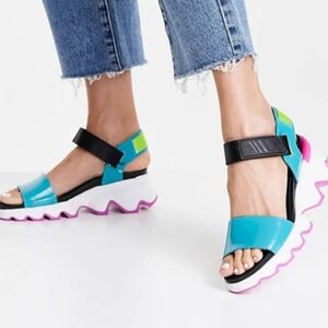 Blue and Pink Patent Leather Sorel Platform Sandals Size 6.5